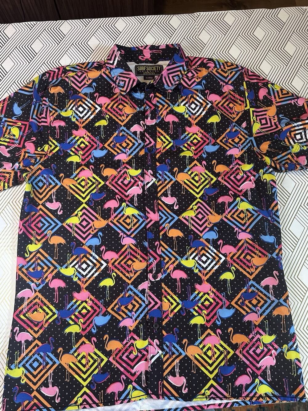 Surf Society Flamingo Shirt /Vibrant Print Against A Black Background Size XL